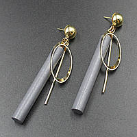Сережки жіночі гвоздики пусети трубочки золотисто-сірого кольору з металевими елементами розмір 8 см