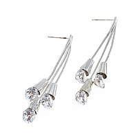 Сережки жіночі гвоздики пузети сріблястого кольору довгі висувки крапельки з кристалами розмір 7 см