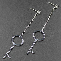 Сережки жіночі гвоздики пузети сріблястого кольору зі стразами віскі у формі ключів розмір 8 см