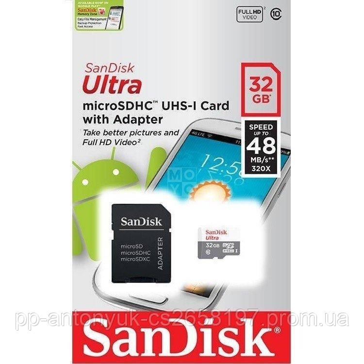Картка пам'яті SanDisk microSDHC Ultra 32 GB Class 10 UHS-I R-80MB / s + SD-адаптер