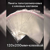 Пакет полипропиленовый 120х200мм+клеевой, с клеевым клапаном плотностью 25мкм, 100шт/уп