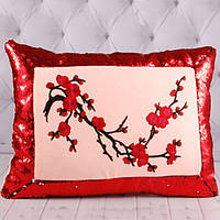 Подушка с пайетками Сакура( розовая, красная) 40 х 32 см