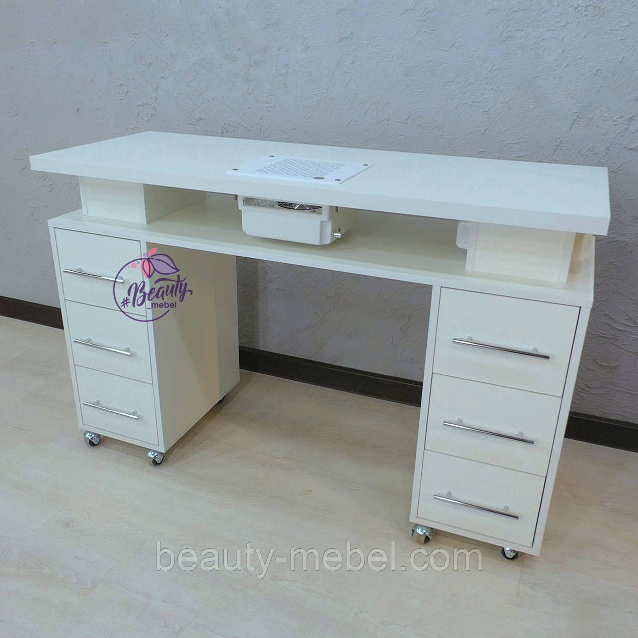 Білий манікюрний стіл з потужною витяжкою на залізних колесах., фото 1