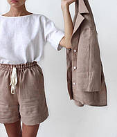 Женский льняной костюм тройка: шорты и пиджак, блуза свободного кроя. Доступно в р 40-74+ батал