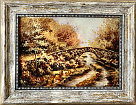 Картина пейзаж из янтаря Под мостом, картина пейзаж з бурштину Під мостом 20x30 см