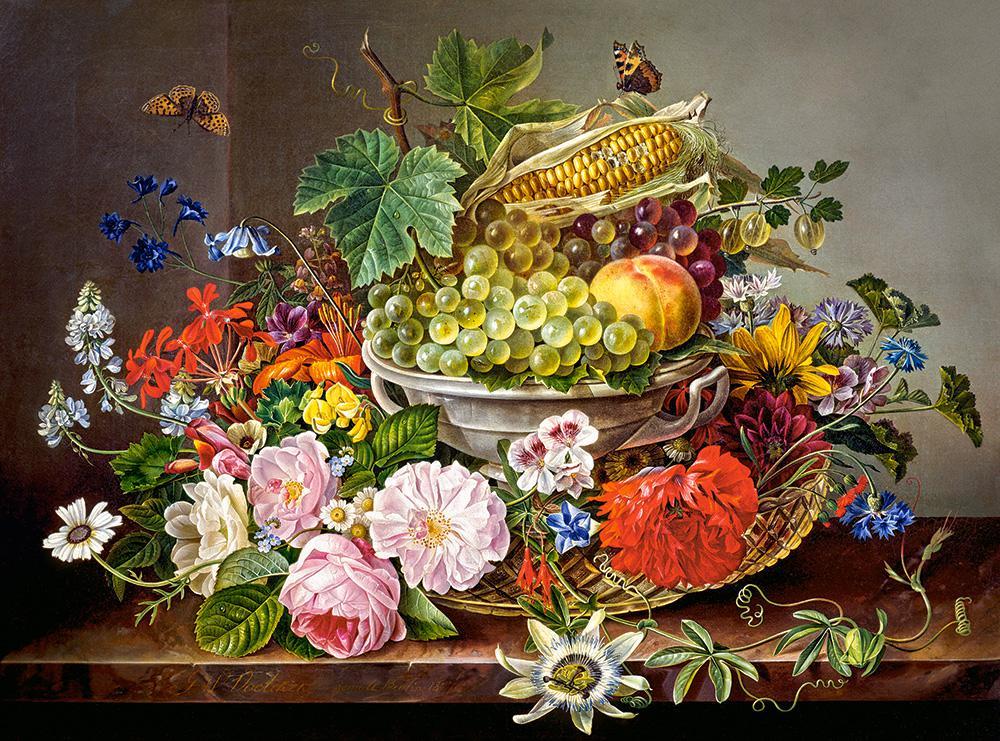 Пазли на 2000 елементів (92 x 68 см) Натюрморт із квітами та кошиком з фруктами, (Castorland, Польща)