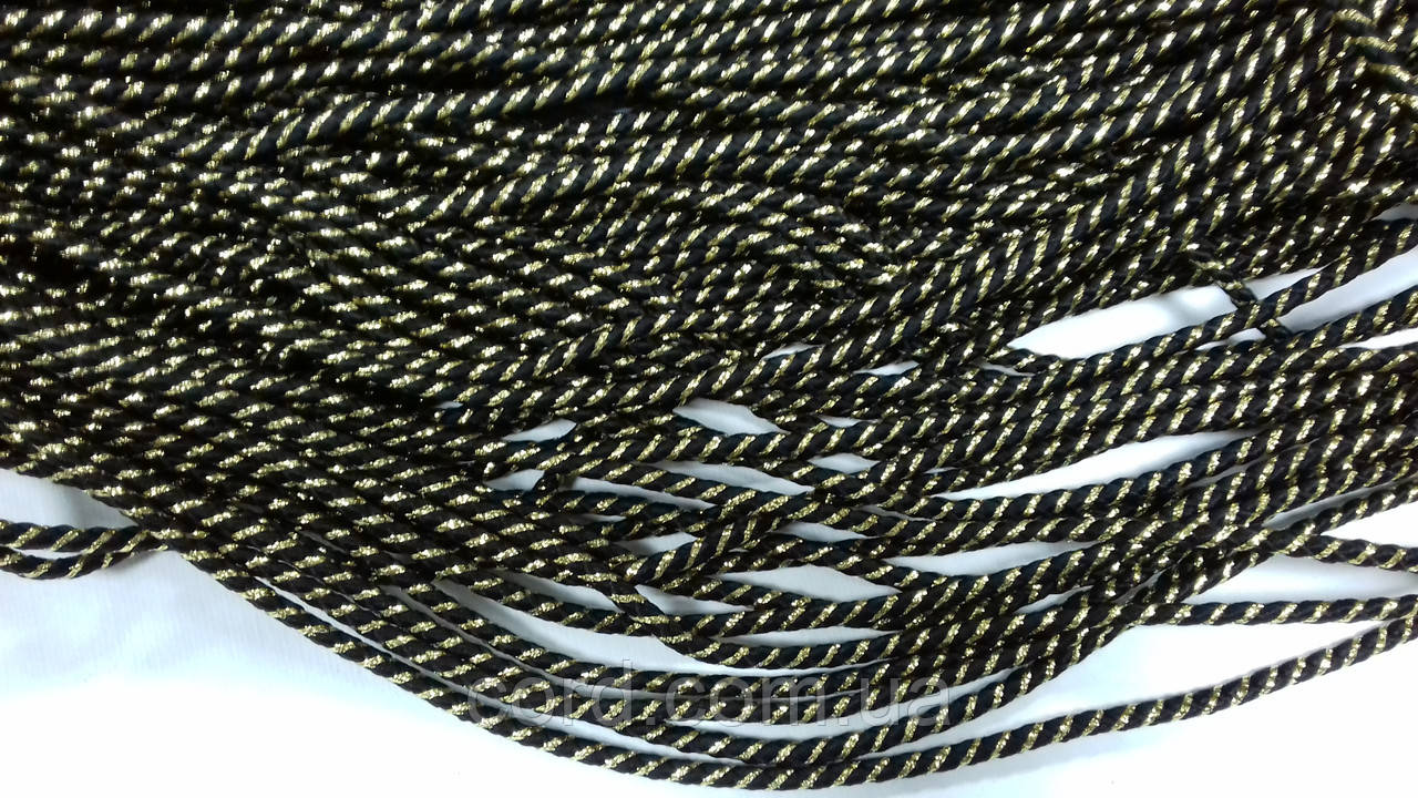 Шнур круглий спіраль 4мм чорний+золото моток 100м, фото 1