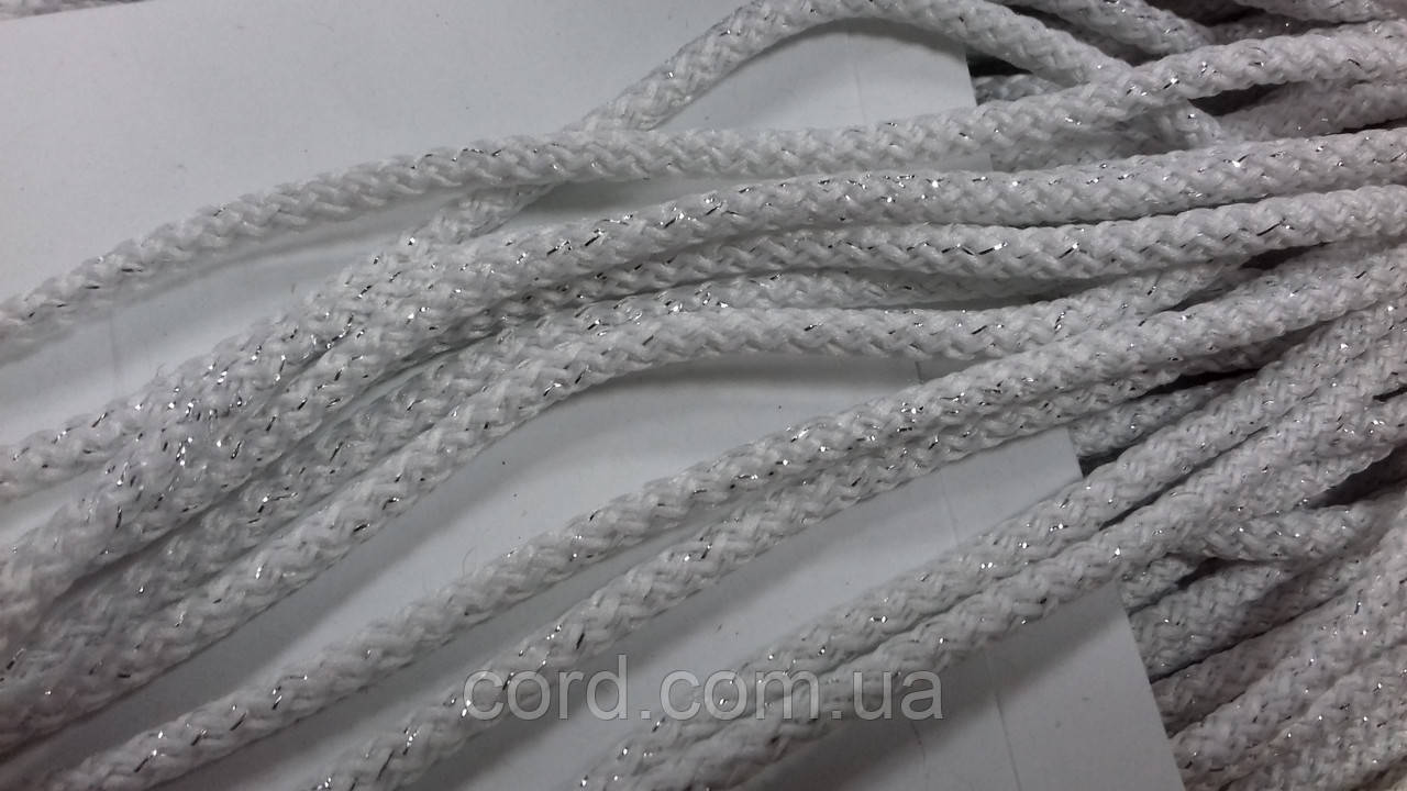 Шнур круглий поліестер 4мм білий+срібло моток 200м, фото 1