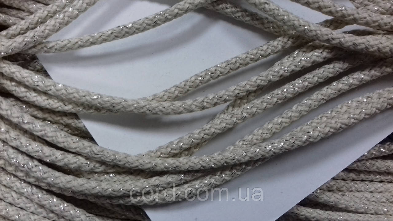Шнур круглий поліестер 4мм світло-бежевий+срібло моток 200м, фото 1