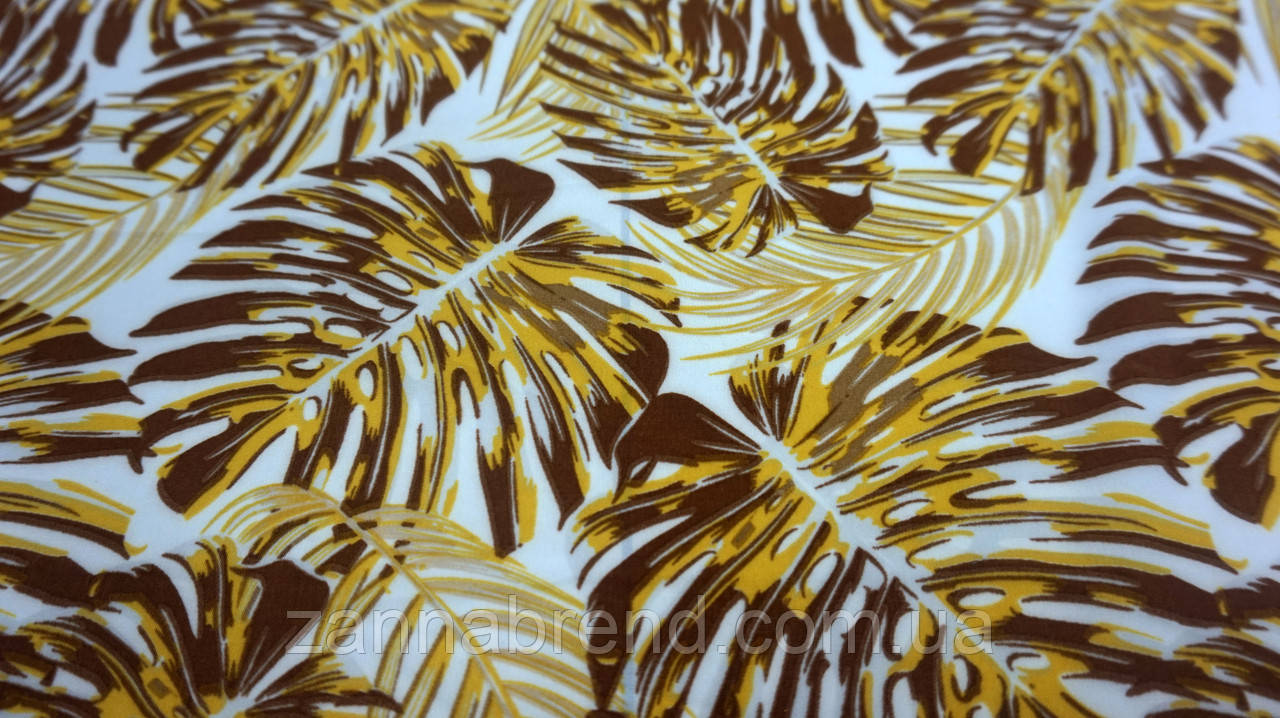 Тканина супер-софт молочного кольору "Монстера" жовте листя, фото 1