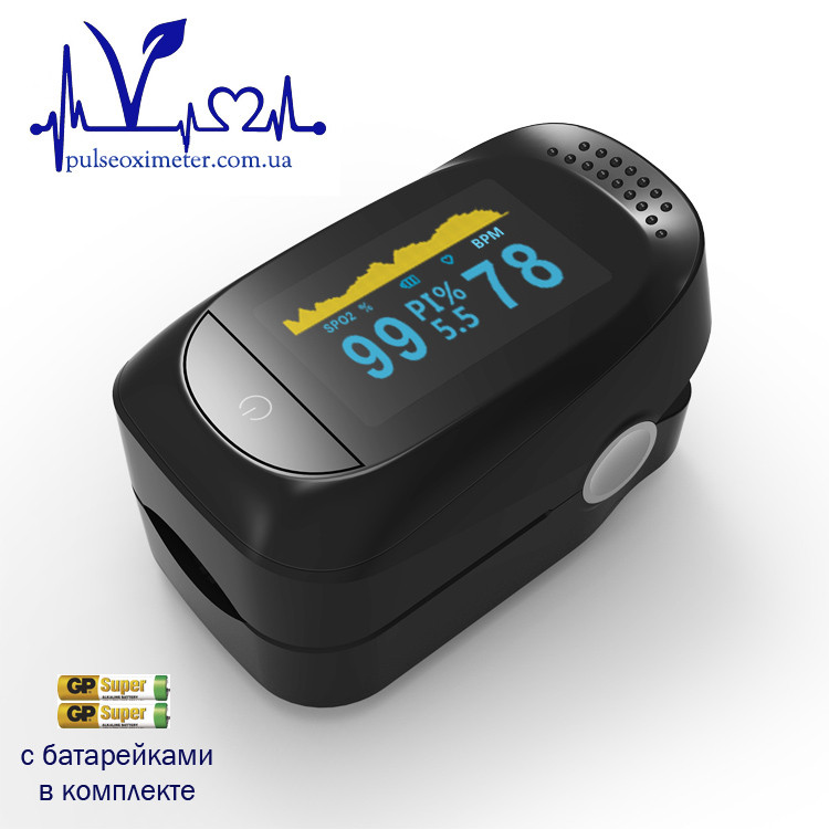 Пульсоксиметр на палець для вимірювання пульсу, сатурації й індексу перфузії крові з батарейками IMDK medical A2