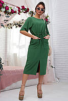 Летнее повседневное платье миди длины с поясом 42-48 размеры зеленое