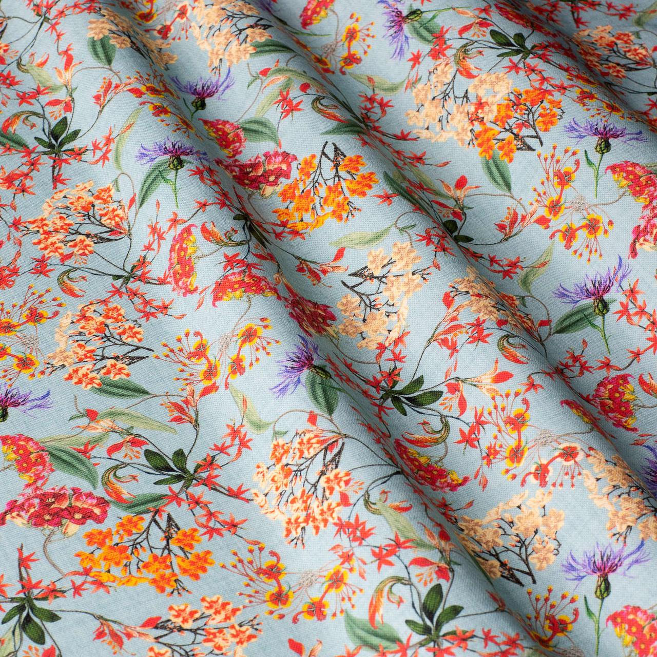 Декоративні тканини з кольоровими гілочками рослин на блакитному тлі 84294v1., фото 1
