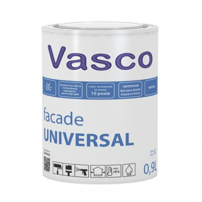 Vasco Facade Універсальна фасадна та інтер'єрна латексна фарба 0,9 л, 2,7 л, 9л