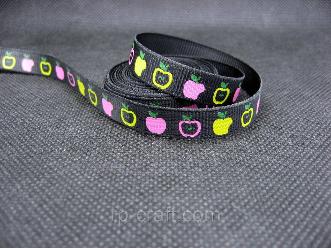 Стрічка репсова. Яблука на чорному тлі, 10 мм, фото 1