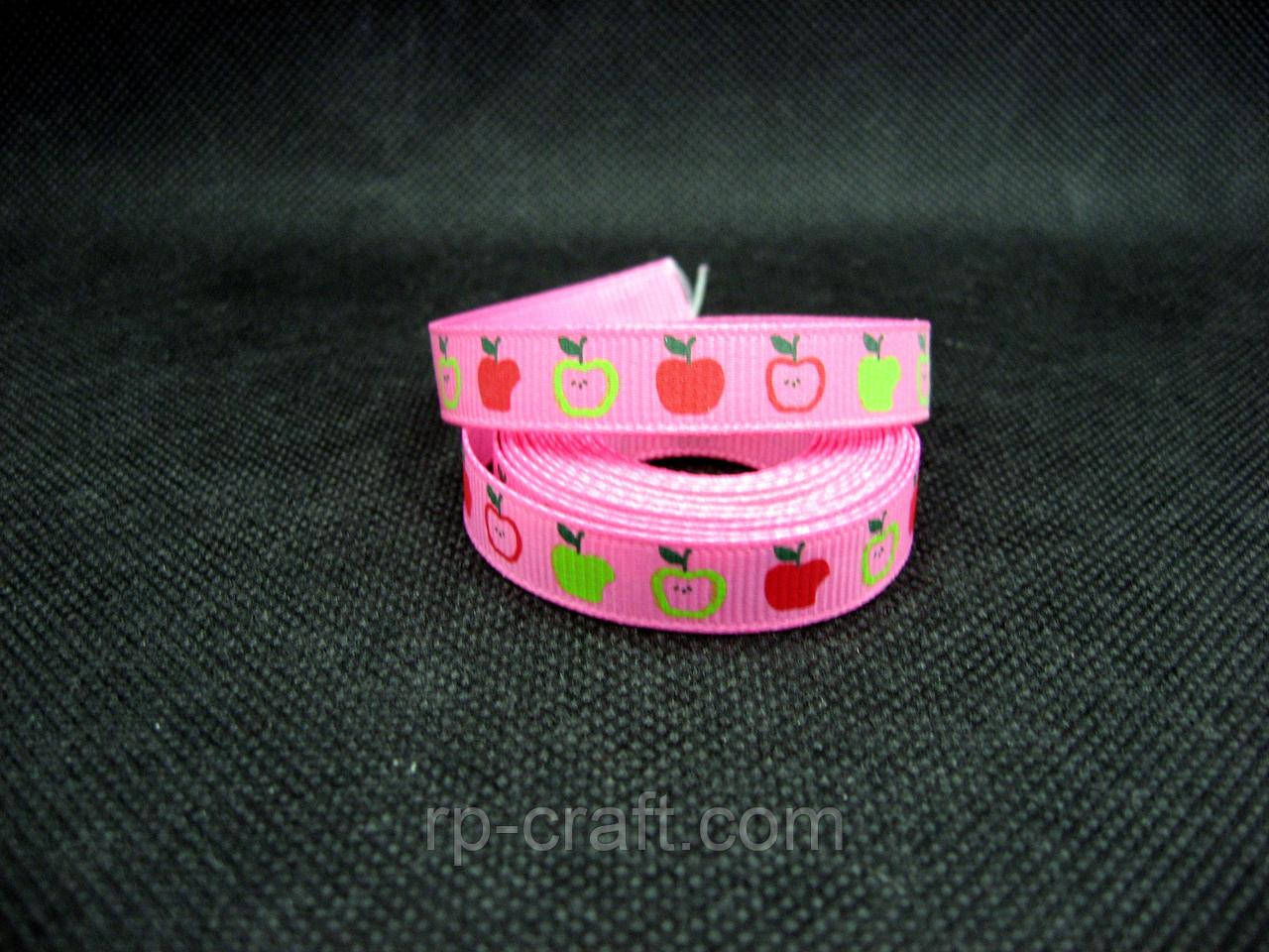 Стрічка репсова. Яблука на рожевому тлі, 10 мм, фото 1
