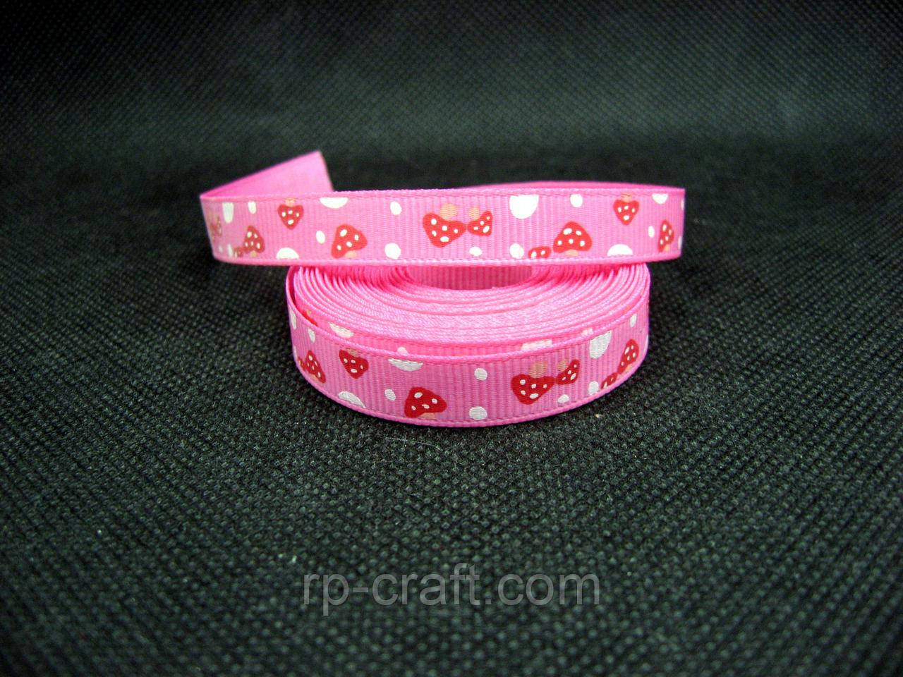 Стрічка репсова. Мухомори на рожевому тлі, 10 мм, фото 1