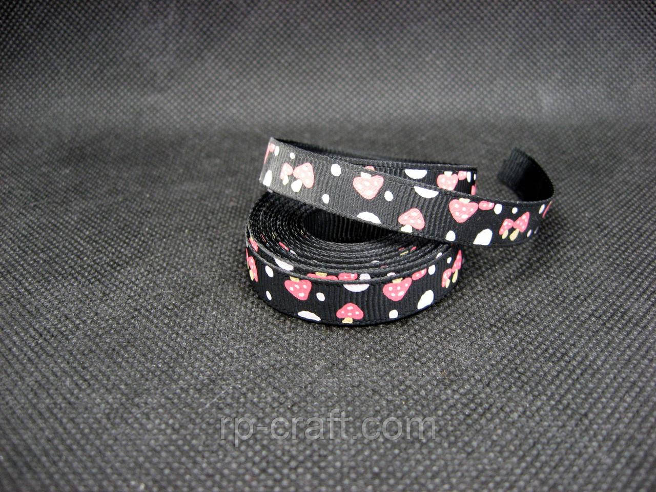 Стрічка репсова. Мухомори на чорному тлі, 10 мм, фото 1