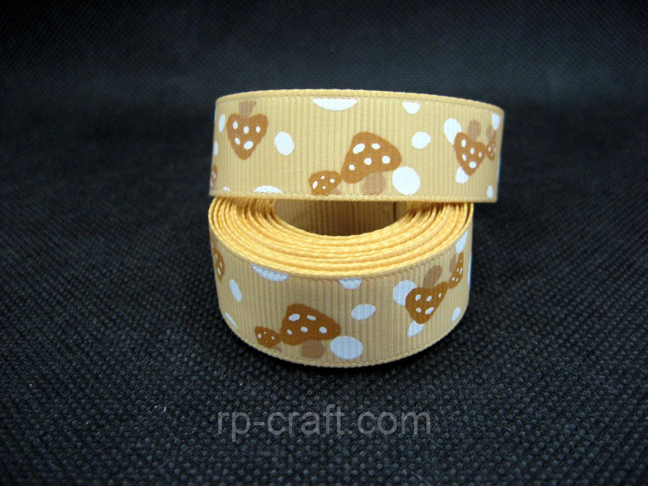Стрічка репсова. Мухомори на бежевому тлі, 16 мм, 92 см, фото 1