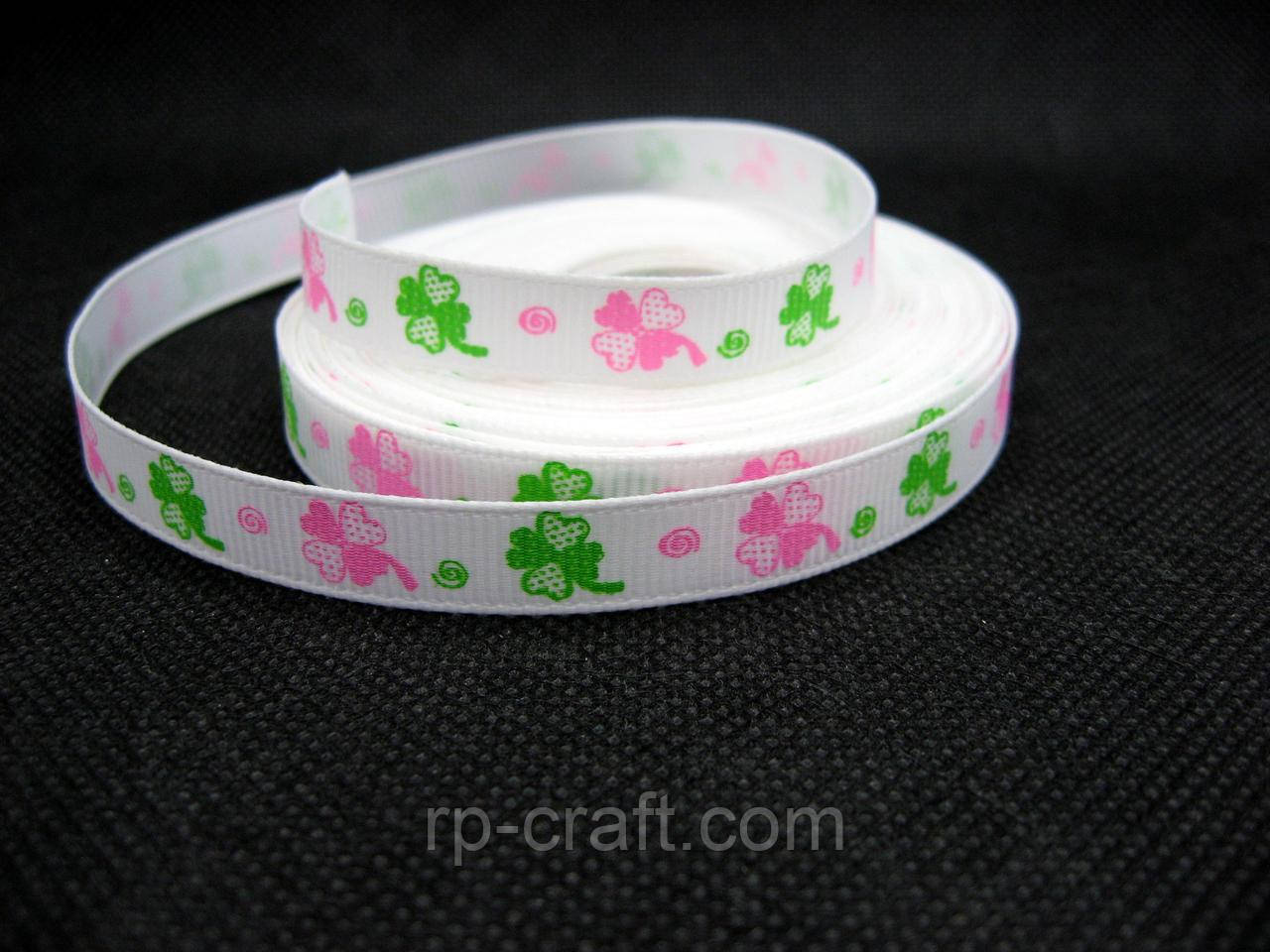 Стрічка репсова. Конюшина на білому тлі, 10 мм, фото 1