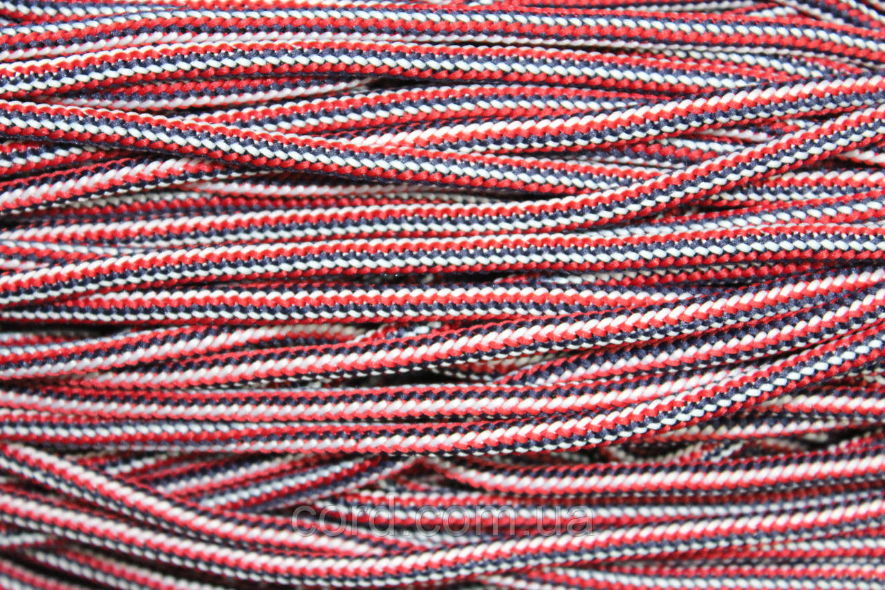 Шнур круглий м'який поліестер 5мм синій+червоний+білий моток 200м, фото 1