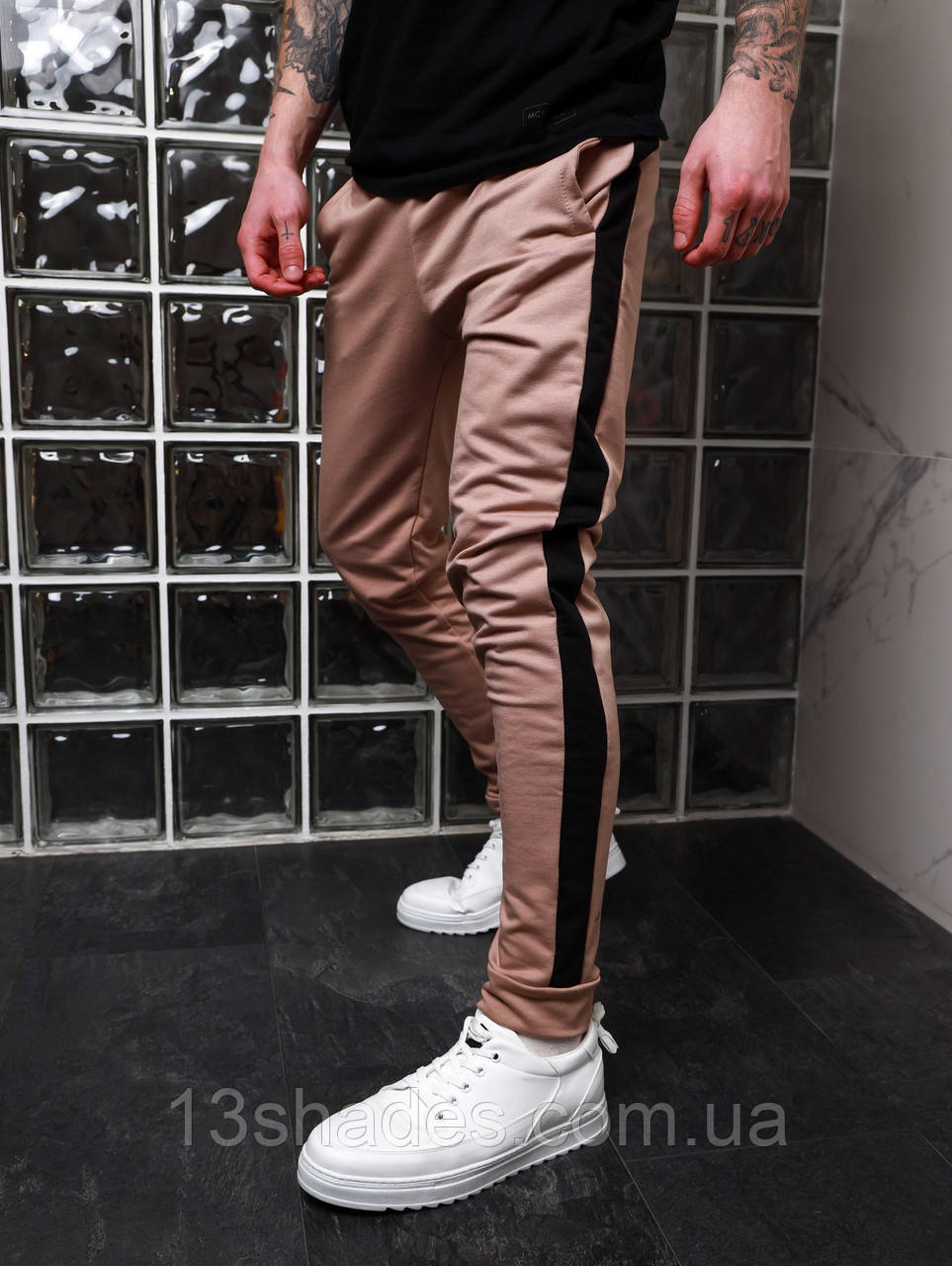 Штани чоловічі спортивні бавовна бежеві з чорними смужками Київ, фото 1