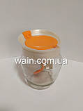 Скляна ємність 550 мл помаранчева для харчових продуктів з пластиковою кришкою і ложкою Everglass, фото 3