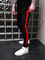 Спортивні штани чоловічі бавовна чорна з червоними лампасами Київ