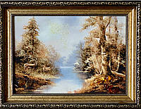 Картина пейзаж з янтаря Звери возле воды, картина пейзаж з бурштину Звірі біля води 20x30 см
