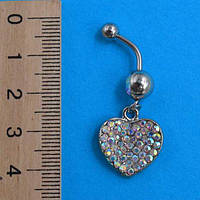 Сережки для пірсингу, Серце, стрази, медична сталь, кольори в асортименті