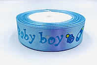 Лента атласная с рисунком 2,5см "Baby boy" голубая
