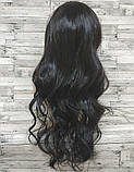 Перука жіноча хвиляста чорна довга з чубчиком і проділом 70см, фото 3