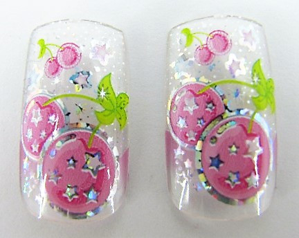 Нігті накладні в пакеті, 12 шт з малюнком вишеньки і клейкою основою, фото 1