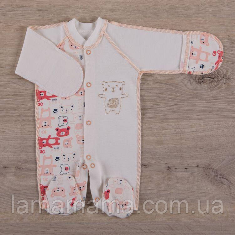 Чоловічок комбінезон з зовнішніми швами для дітей з малою вагою Міні Ведмедик корал BetiS, фото 1