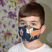 Детская маска для лица трехслойная защитная многоразовая хлопковая. Лисенок