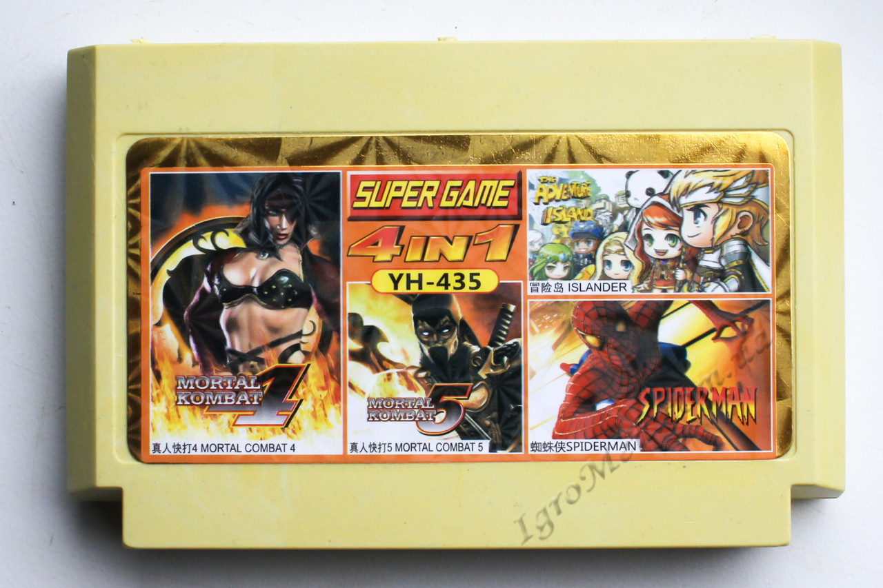 Картридж денді 4 в 1 Mortal Kombat 4, 5, Spiderman, Adventure Island