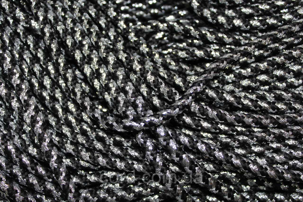 Шнур круглий з наповнювачем 5мм чорний+срібло моток 100м, фото 1