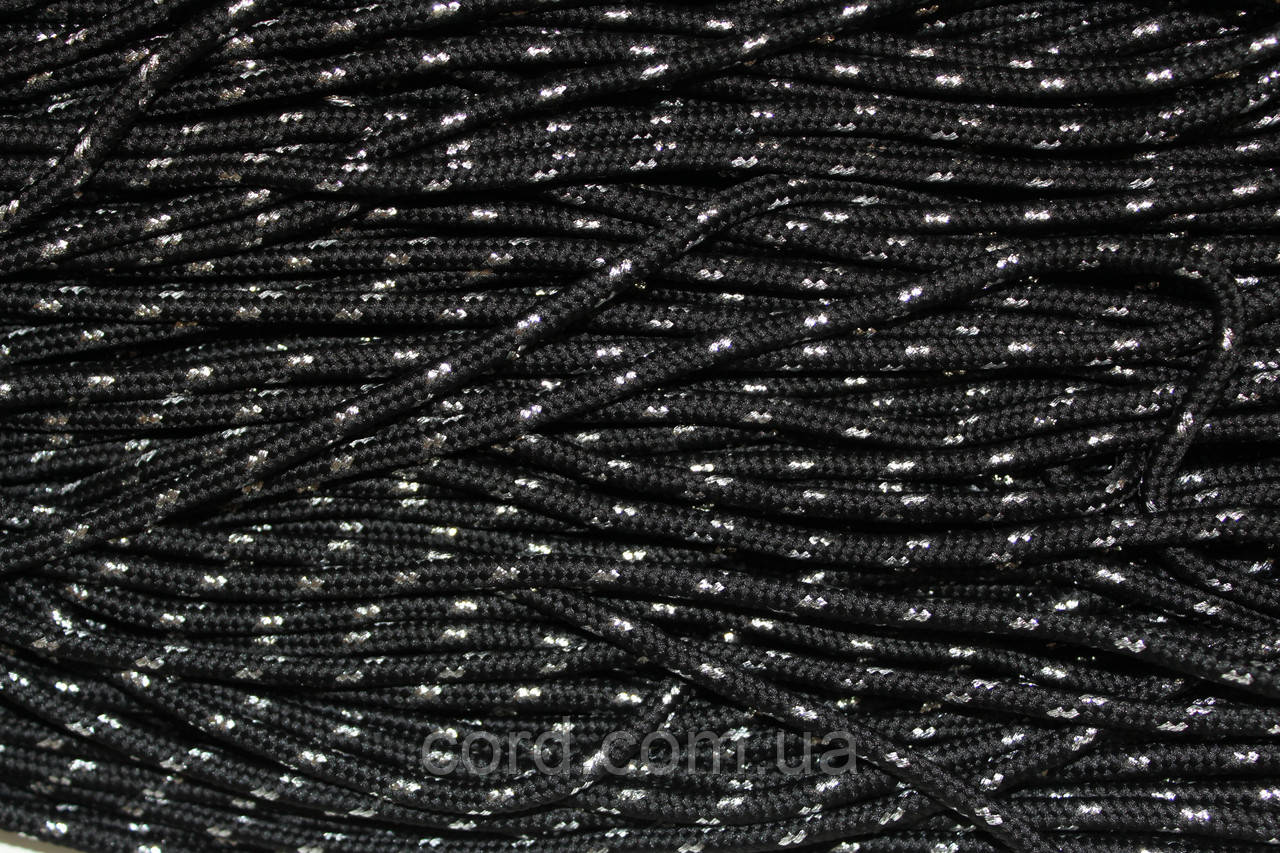 Шнур круглий з наповнювачем 5мм чорний+срібло моток 100м, фото 1