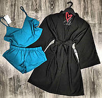 Женский комплект тройка для сна и отдыха халат+топ+шорты 047-094 .