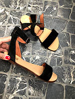 Модні сандалі босоніжки жіночі замшеві на плоскій підошві чорні, розмір 34-42