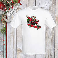 Футболка з новорічним принтом Дід Мороз на скейте з мішком Push IT S, Білий