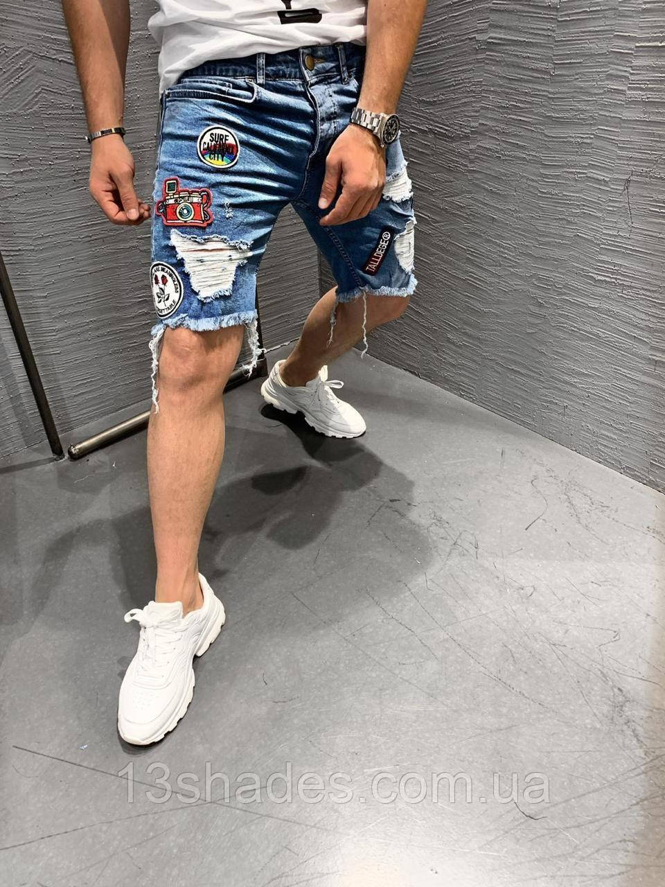 Шорти чоловічі джинсові з нашивками Slim Fit синій Київ, фото 1