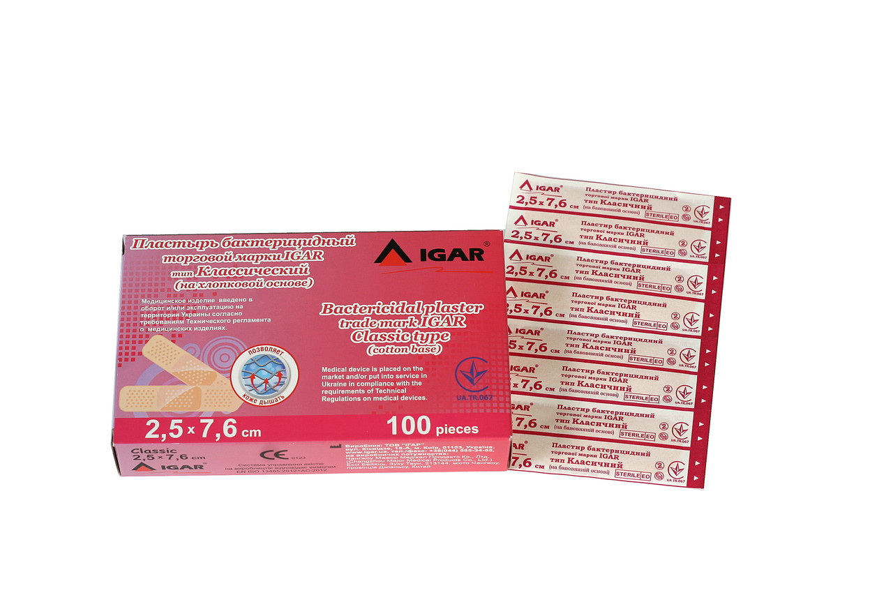 Пластир бактерицидний IGAR "Класичний" 2,5*7,6 см (на бавовняній основі)(100 шт/уп.)