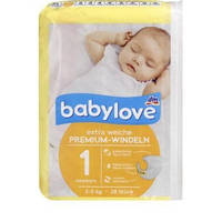 ПРЕМИУМ ПОДГУЗНИКИ ДЛЯ НОВОРОЖДЕННЫХ BABYLOVE 1, 2-5KG, 28 ST (ГЕРМАНИЯ)