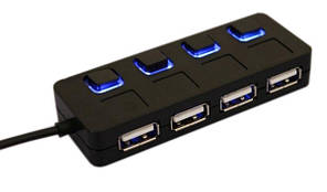 Хаб USB 2.0 HUB 4 порти, Black, 480Mbts живлення від USB, з кнопкою LED