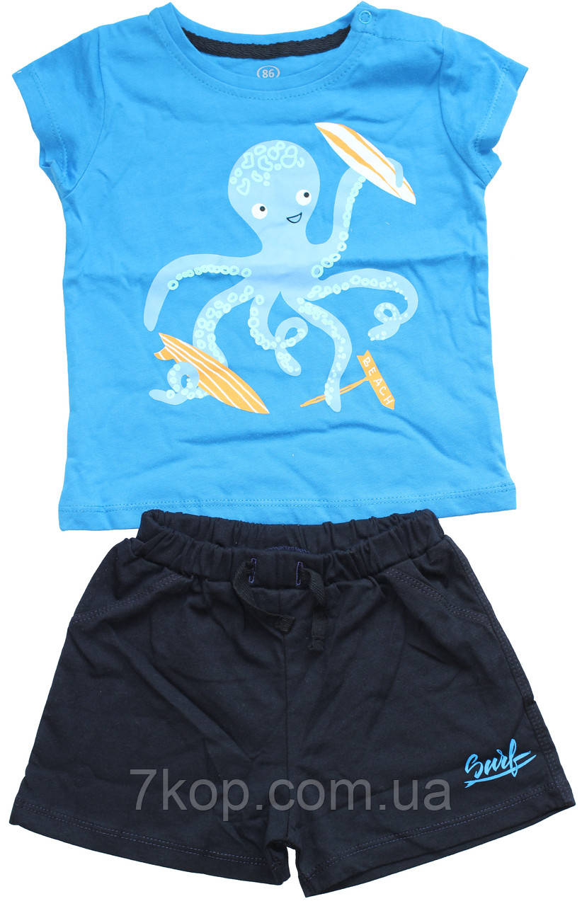 Костюм літній дитячий для хлопчиків, футболка і шорти, синій з восьминогом, зріст 74 см Фламінго