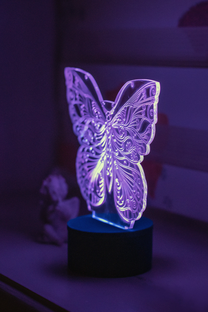 3d-світильник Метелик, 3д-нічник, кілька підсвічувань (батарейка+220В), фото 1