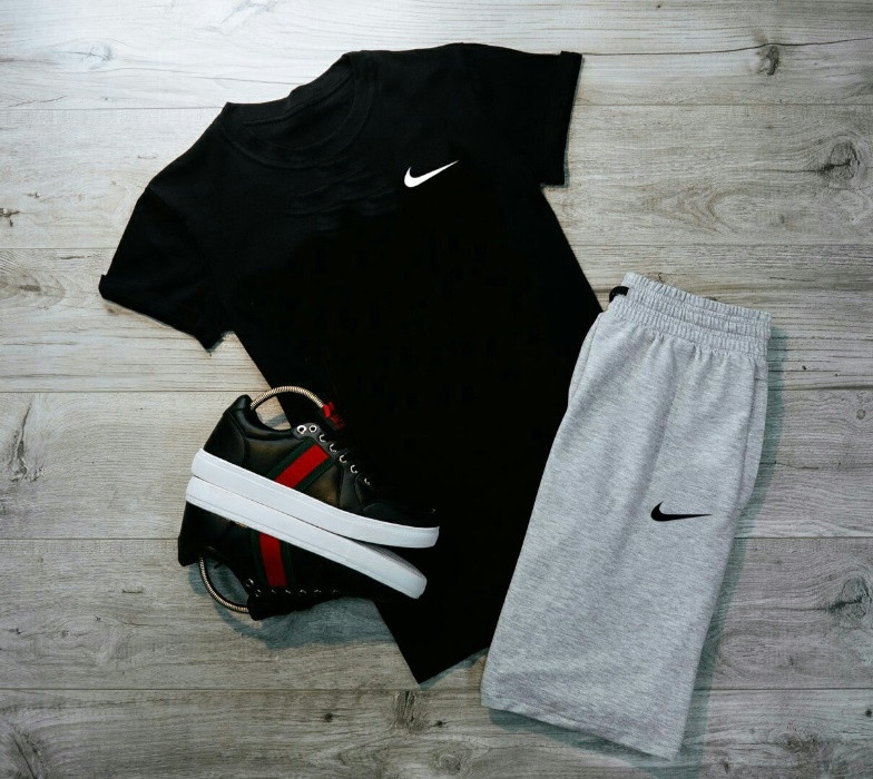 Костюм чоловічий літній шорти футболка Nike спортивний комплект на літо найк сіро-чорний