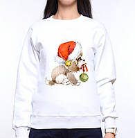 Жіночий світшот з оригінальним принтом Цуценя з ялинковою іграшкою Push IT S, Білий