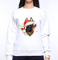 Жіночий світшот з оригінальним принтом Собака чорна в новорічній шапці Push IT XS, Білий